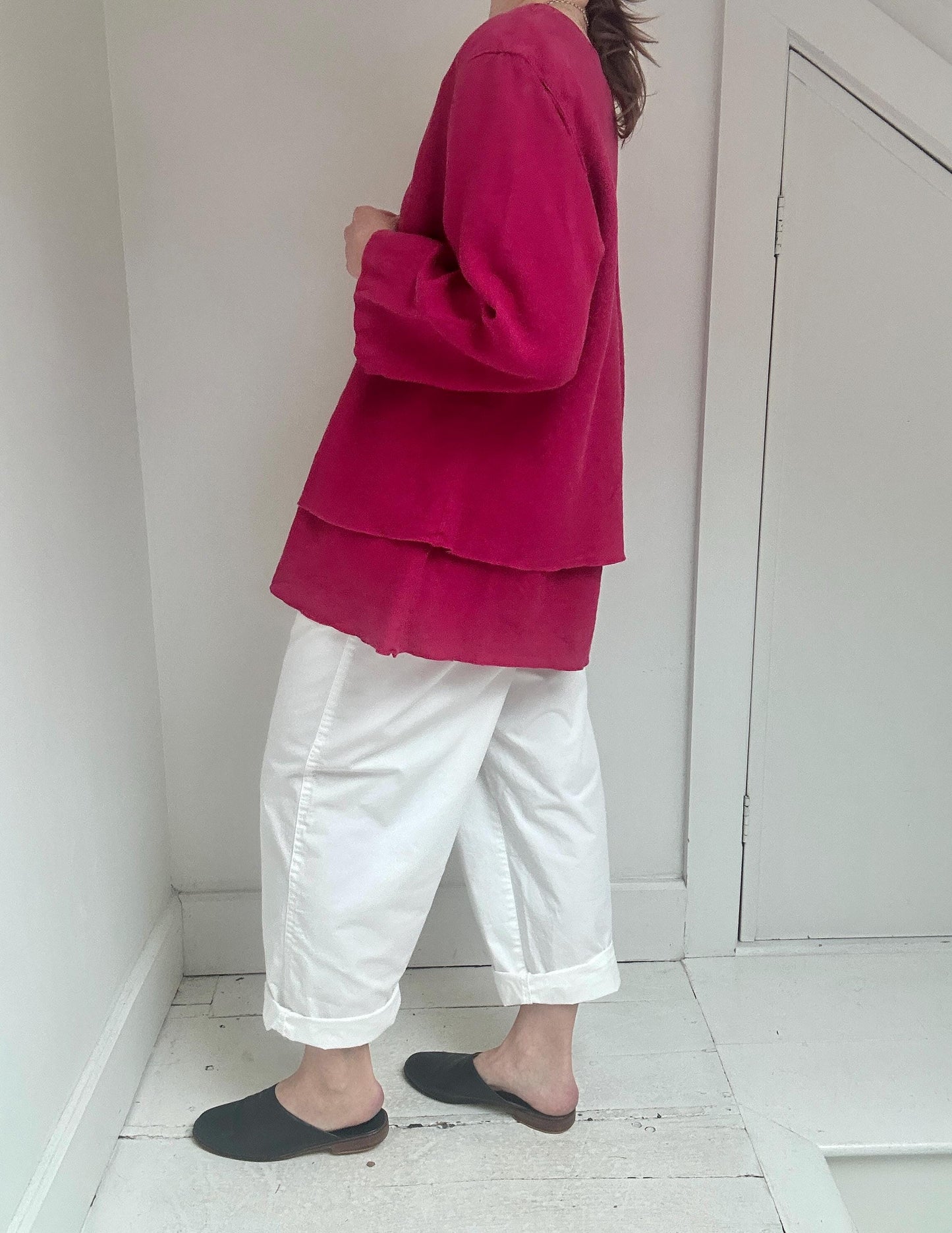 Vintage linen ruffle hem top in Berry