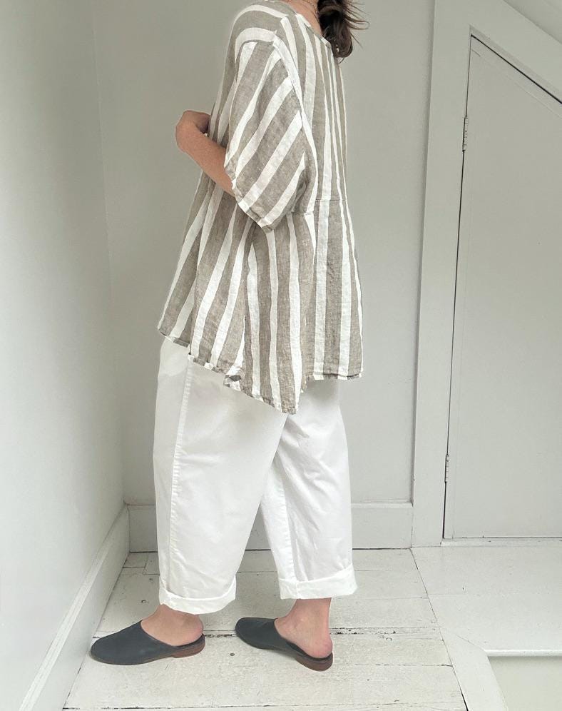 FLAX oversized stripe linen float top in Taupe Stripe