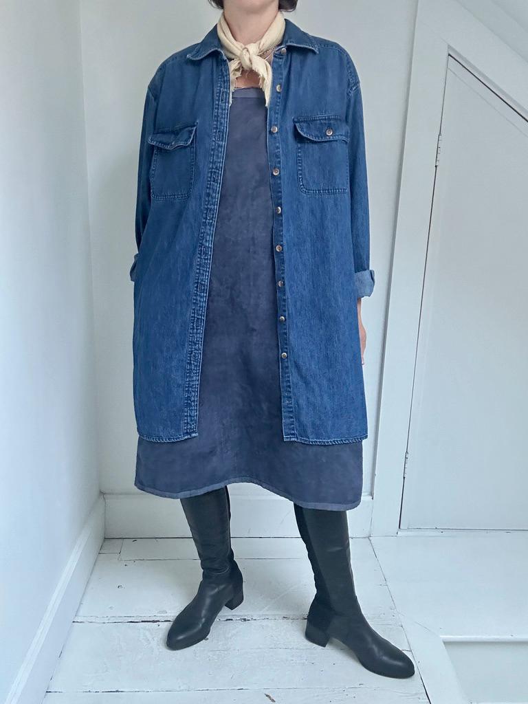 Antique French flannel lined chemise, indigo overdyed