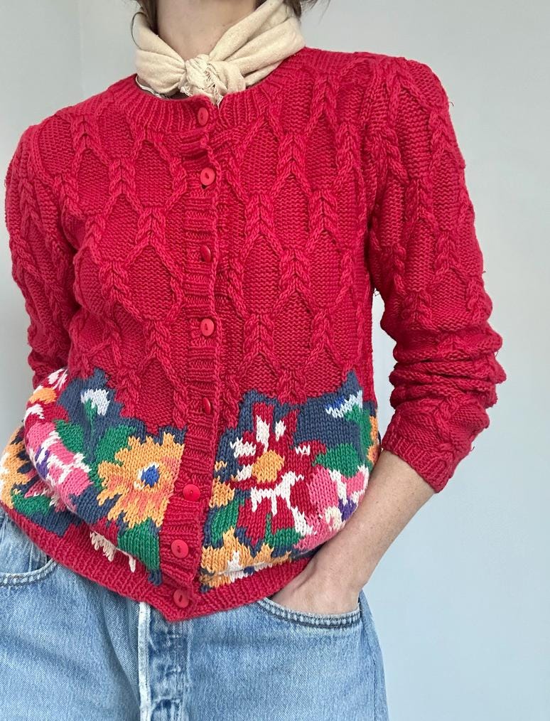 floral cable handknit cardi in Tomato