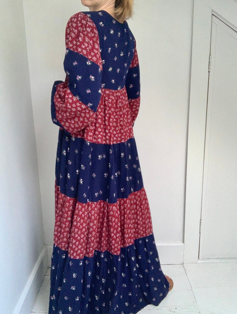 70s balloon sleeve bohemian patchwork dress