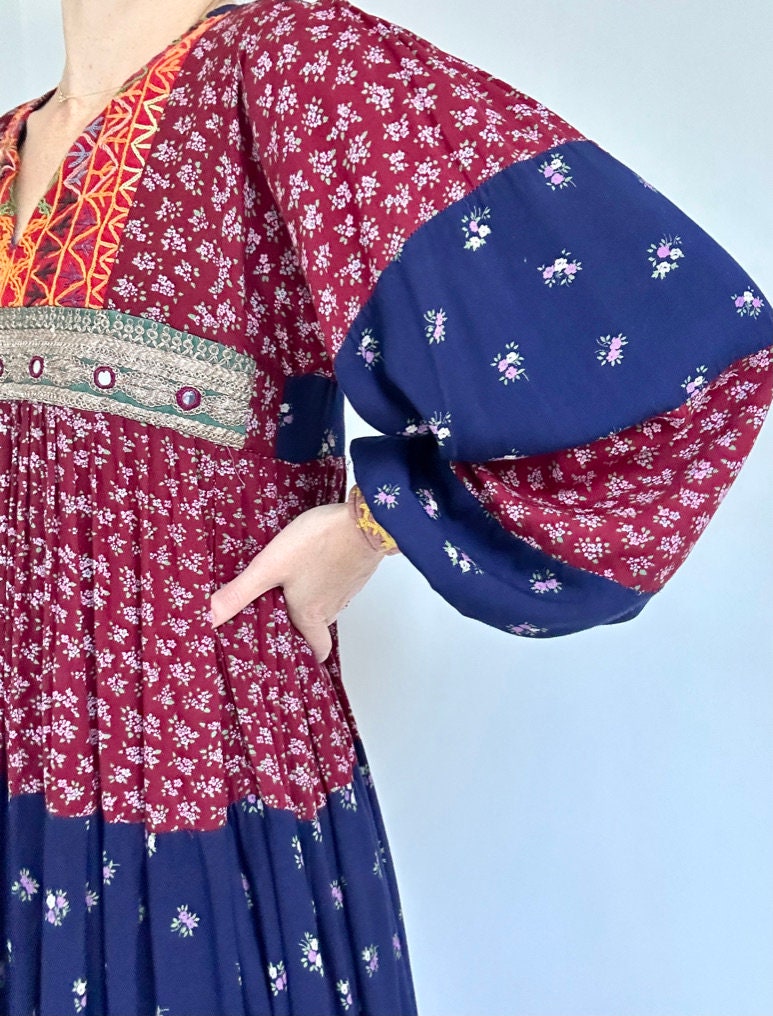 70s balloon sleeve bohemian patchwork dress
