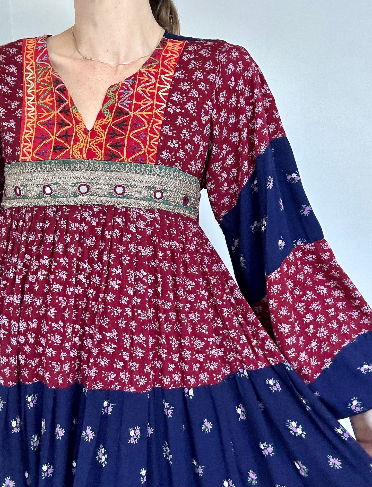 70s balloon sleeve bohemian patchwork dress