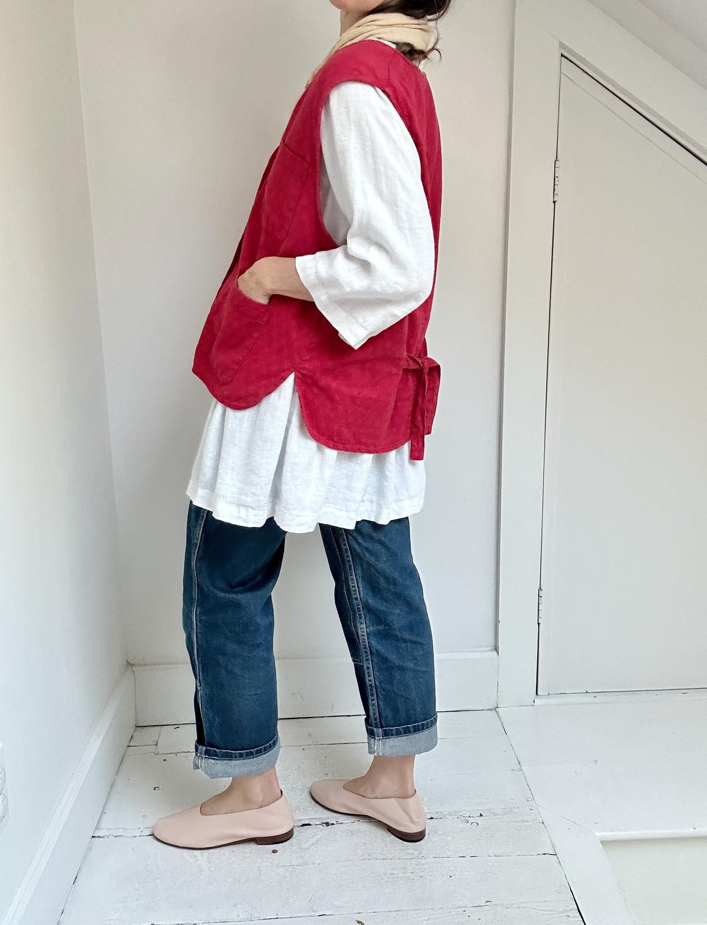 80s LL Bean textured cotton utility vest in Poppy