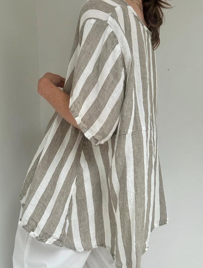 FLAX oversized stripe linen float top in Taupe Stripe