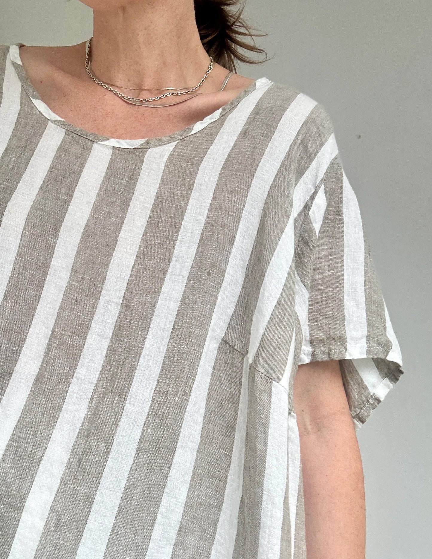 FLAX oversized stripe linen float top in Taupe Stripe
