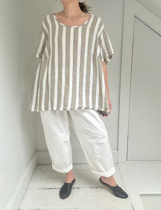 FLAX oversized stripe linen float top in Taupe Stripe