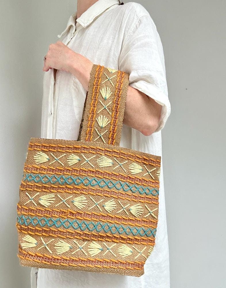 vintage embroidered raffia tote