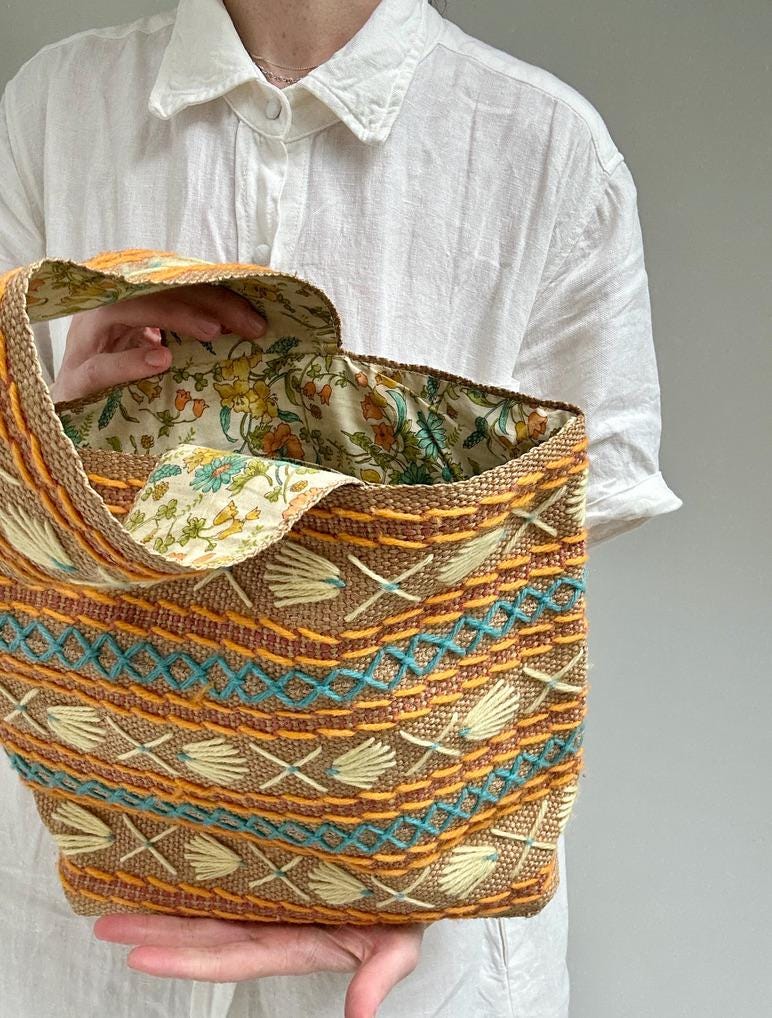 vintage embroidered raffia tote