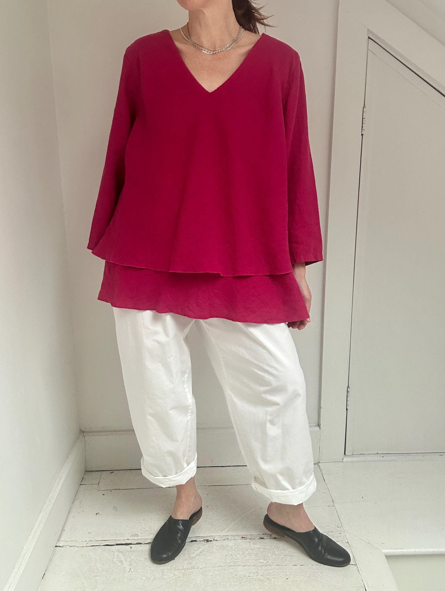 Vintage linen ruffle hem top in Berry