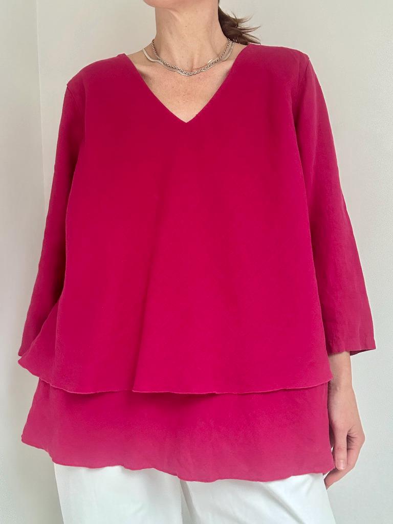 Vintage linen ruffle hem top in Berry