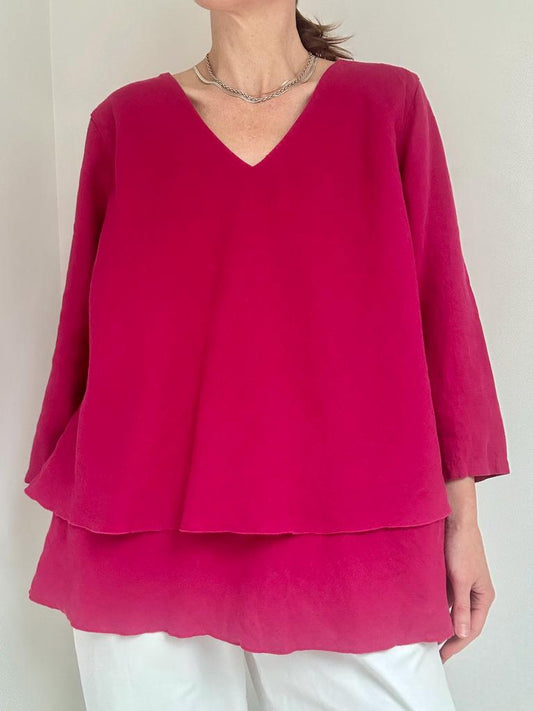 Vintage linen ruffle hem top in Berry