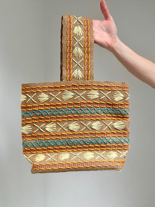 vintage embroidered raffia tote