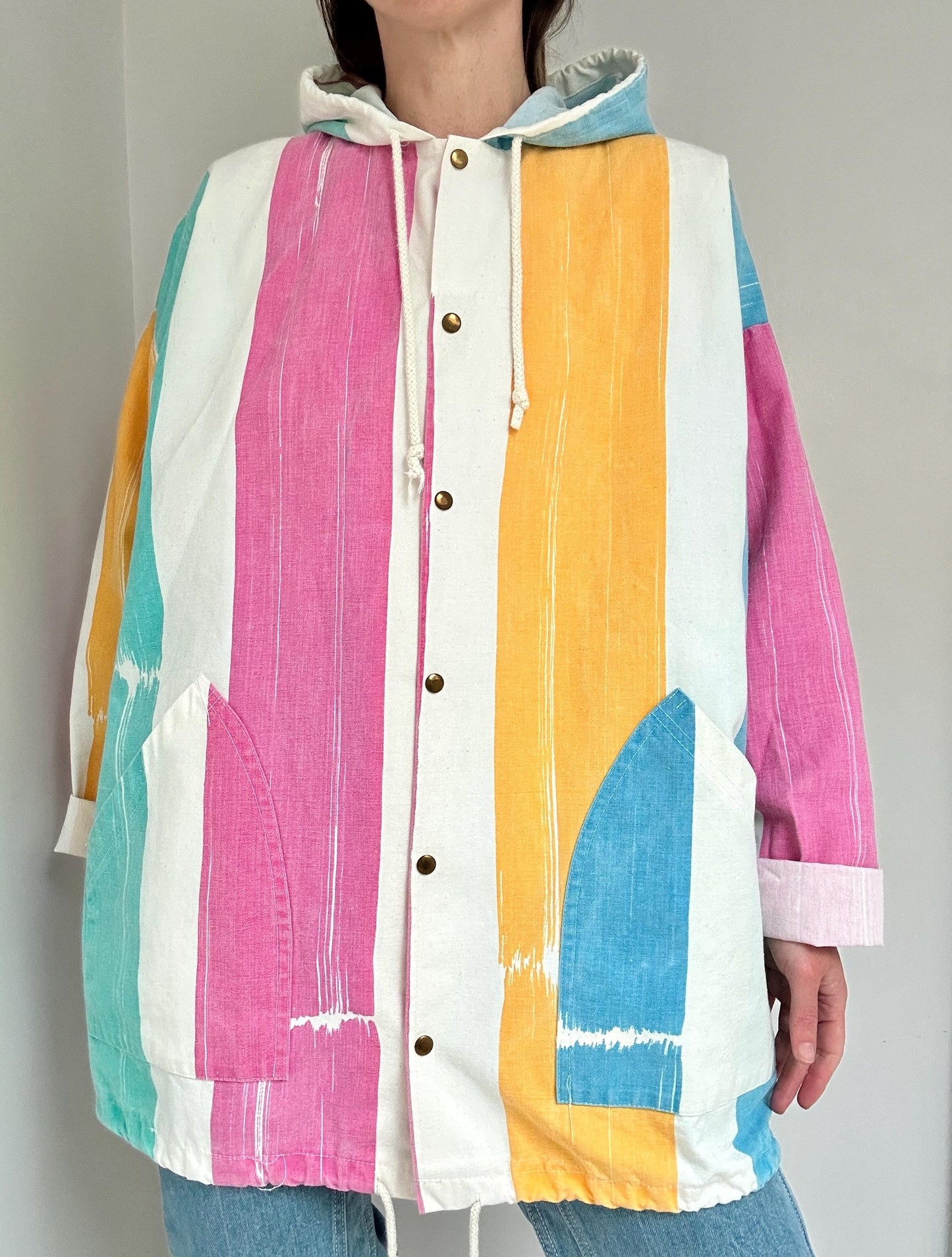 80s snap front brushstroke hoodie in Crayola Stripe