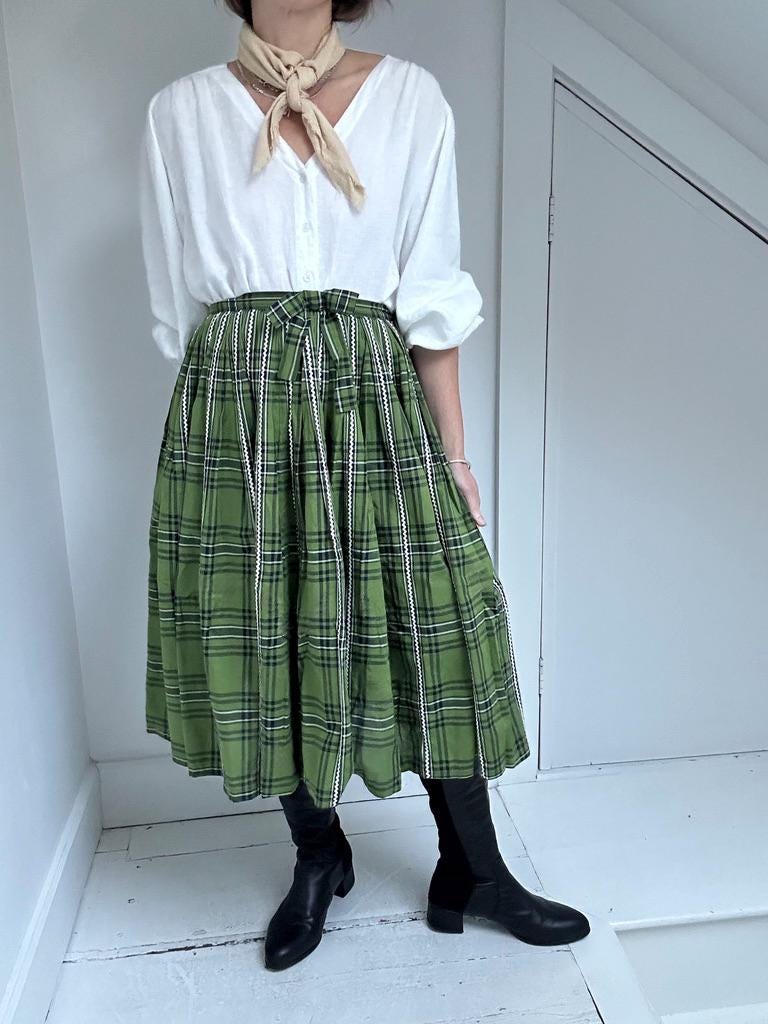 Midcentury Lanz bow-front full pleat skirt in Avocado Plaid
