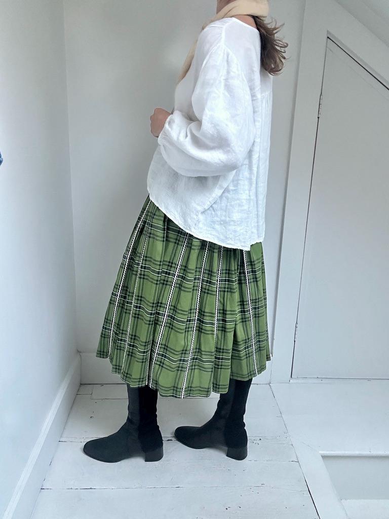 Midcentury Lanz bow-front full pleat skirt in Avocado Plaid