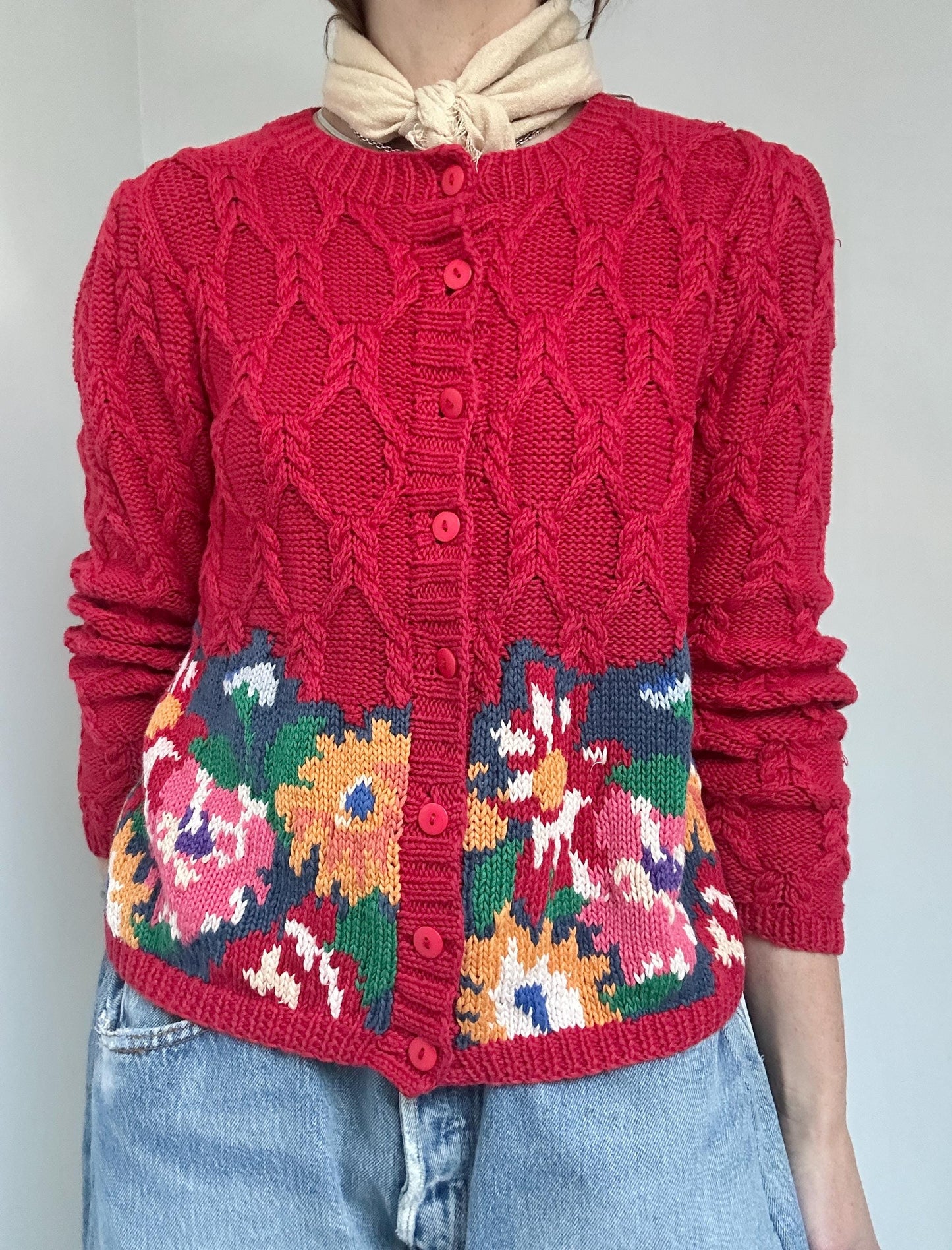 floral cable handknit cardi in Tomato