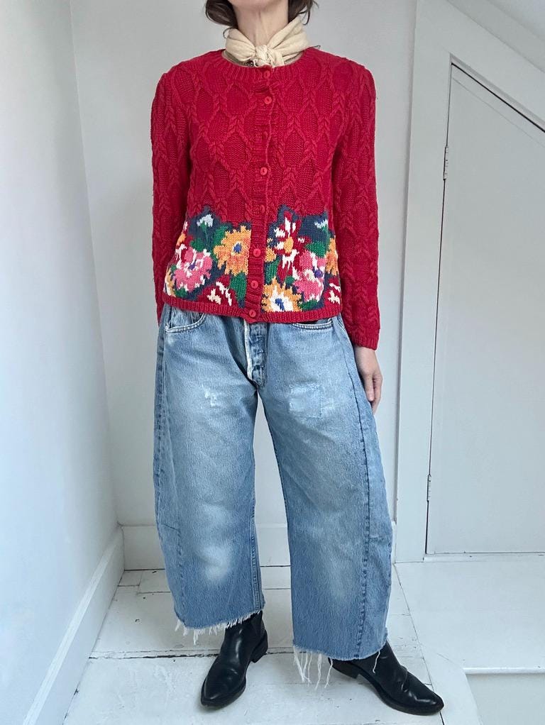 floral cable handknit cardi in Tomato