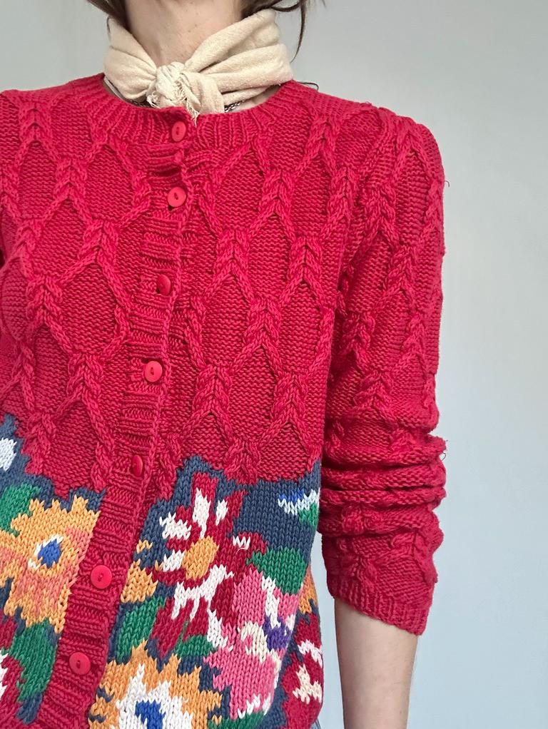 floral cable handknit cardi in Tomato